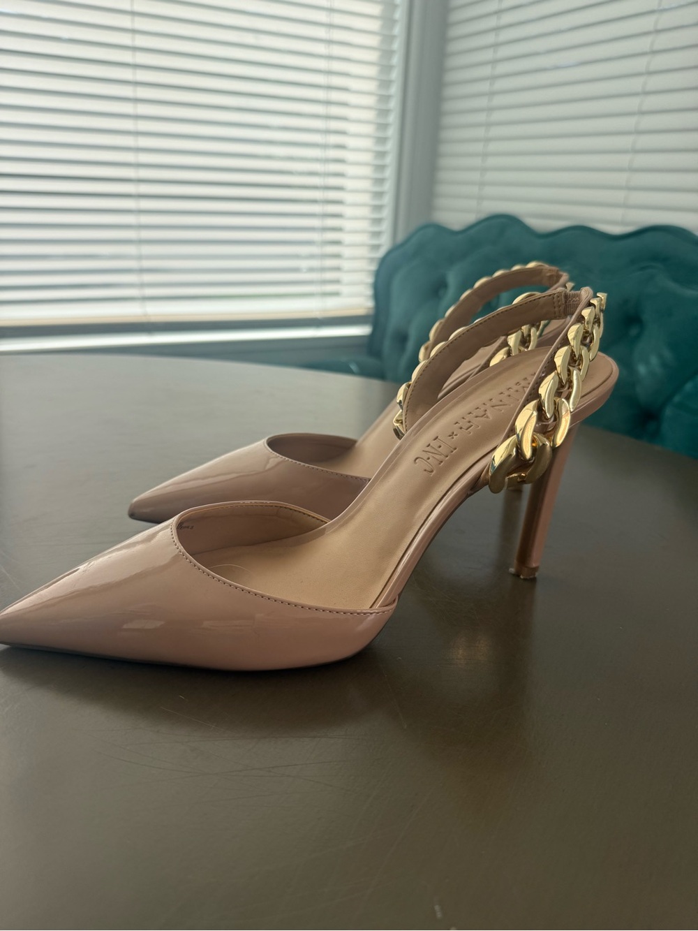 INC International Concepts Blush Patent Slingback Heels with Gold Chain